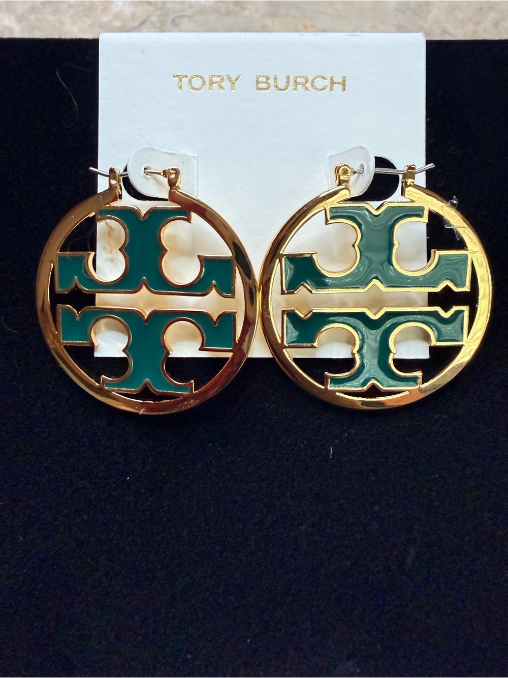 Tory Burch Gold Hoop Earrings with Green Enamel Logo